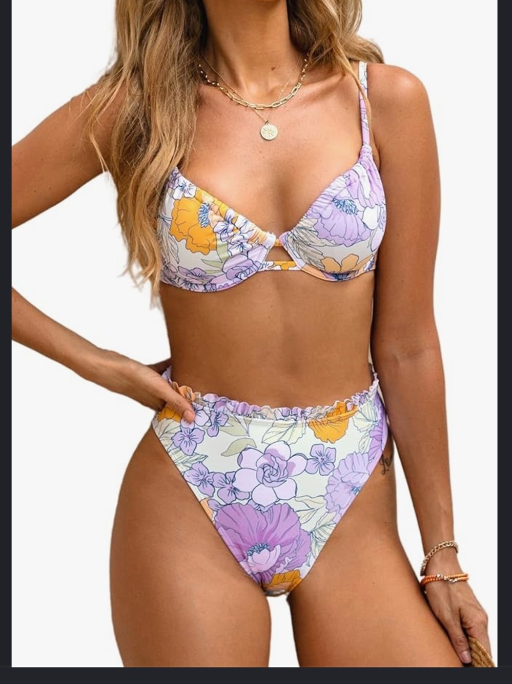 NWT-Cupshe Lavender Floral Bikini Set - Lavender, Orange, White